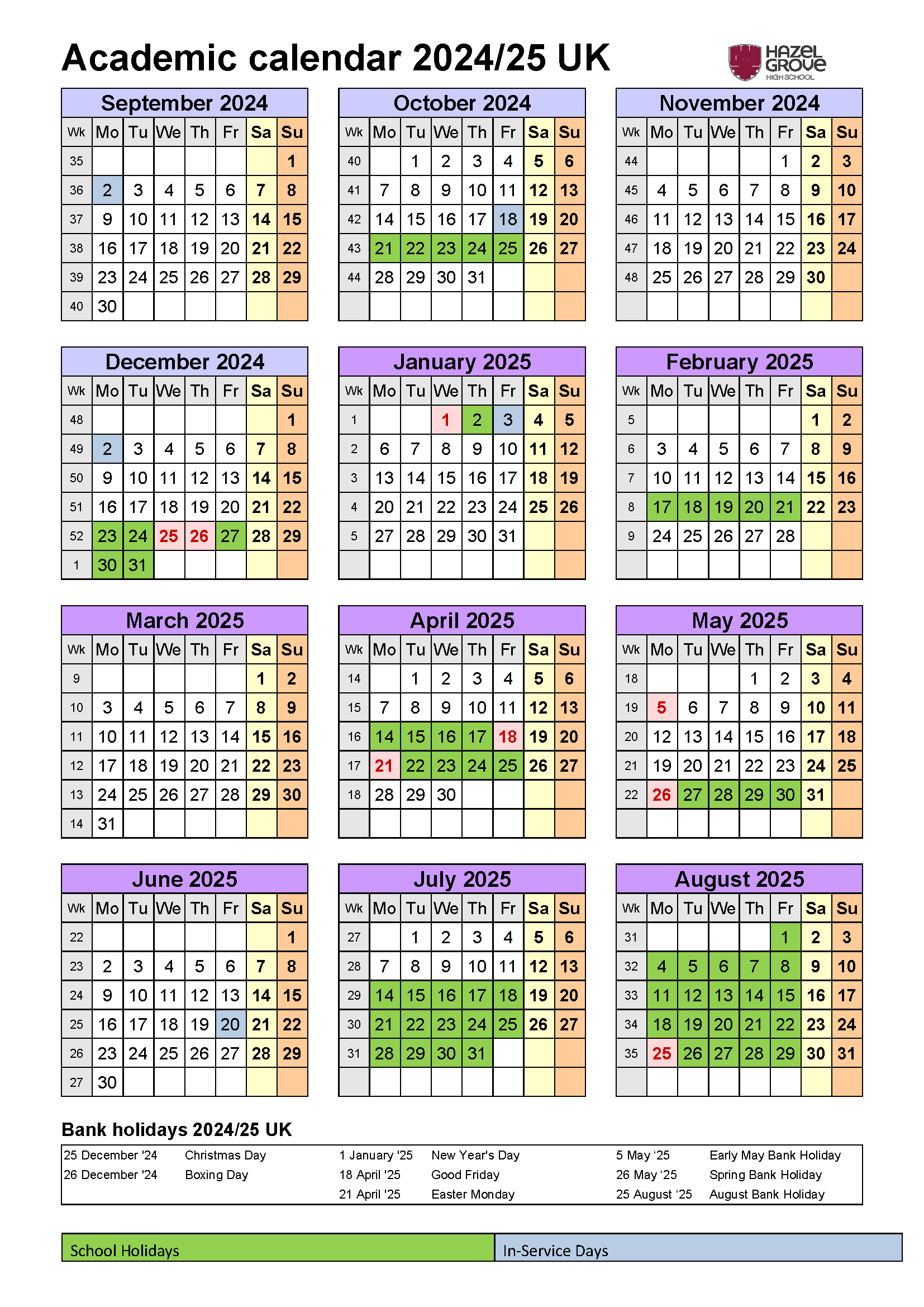 Term dates calendar image for the academic year 2024 to 2025 at Hazel Grove High School